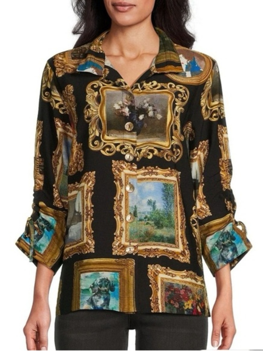 John Mark Printed Wire Collar
Cinch Tie Sleeve Button Front Top S black artsy
